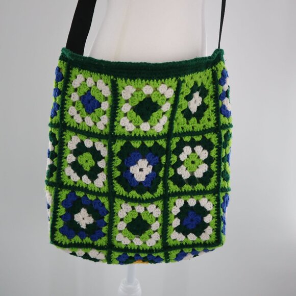 Crochet Granny Square Crossbody Bag Womens Green Retro Groovy Boho Festival - Picture 2 of 9